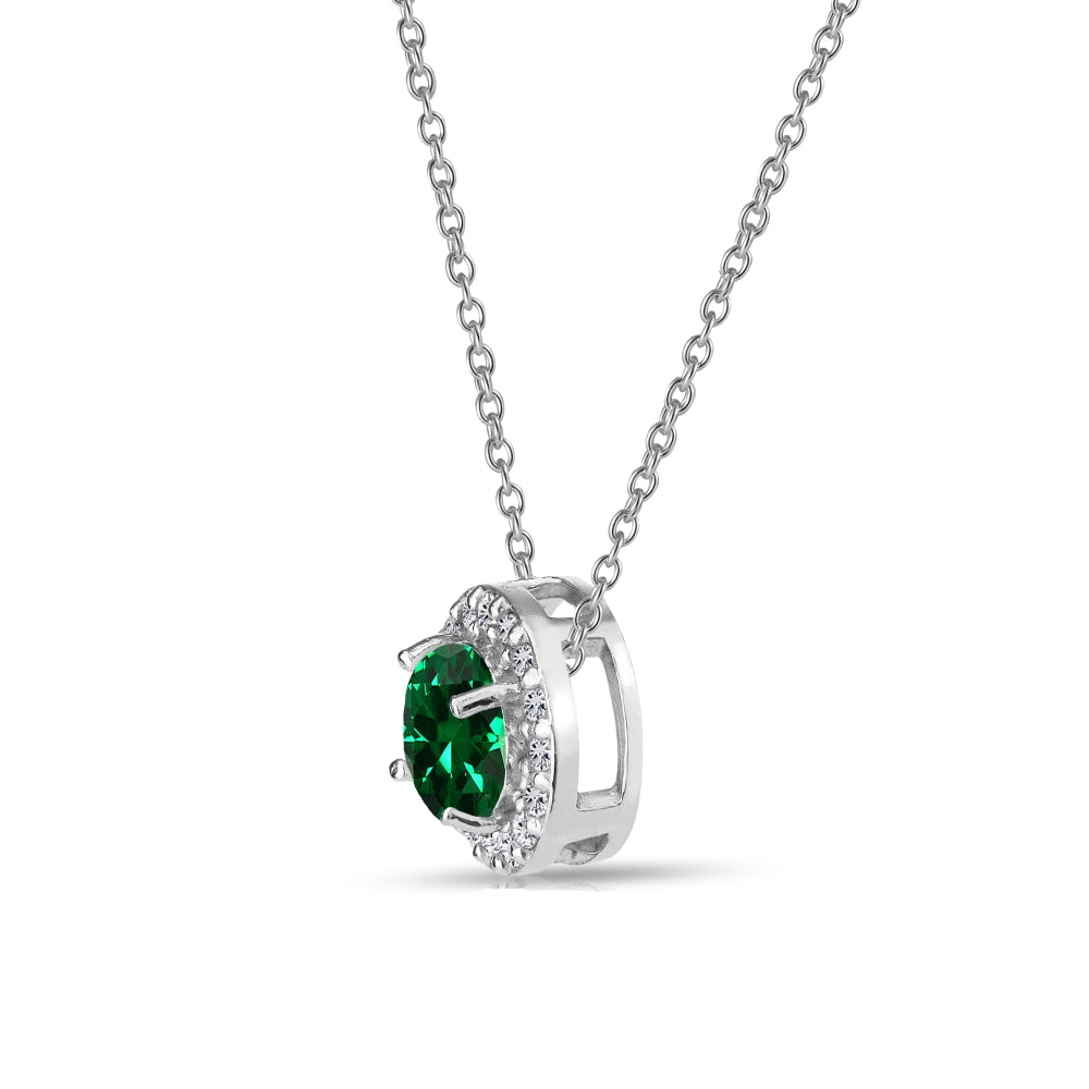 Sterling Silver Created Emerald and White Topaz Round Halo Necklace-3