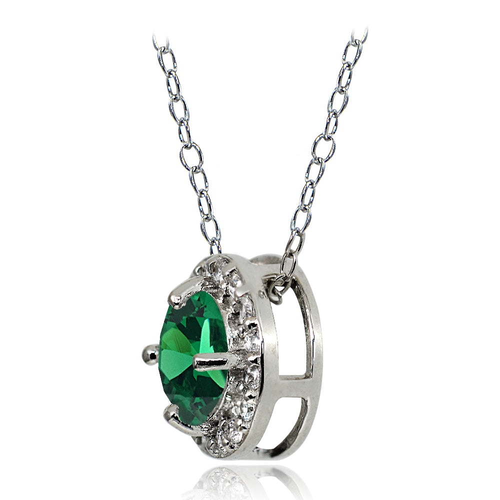 Sterling Silver Created Emerald and White Topaz Round Halo Necklace-4