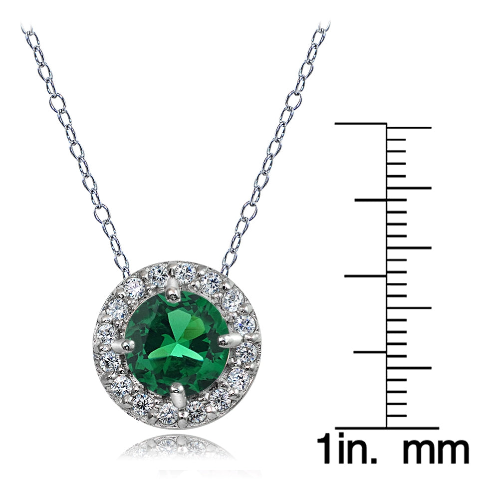 Sterling Silver Created Emerald and White Topaz Round Halo Necklace-5