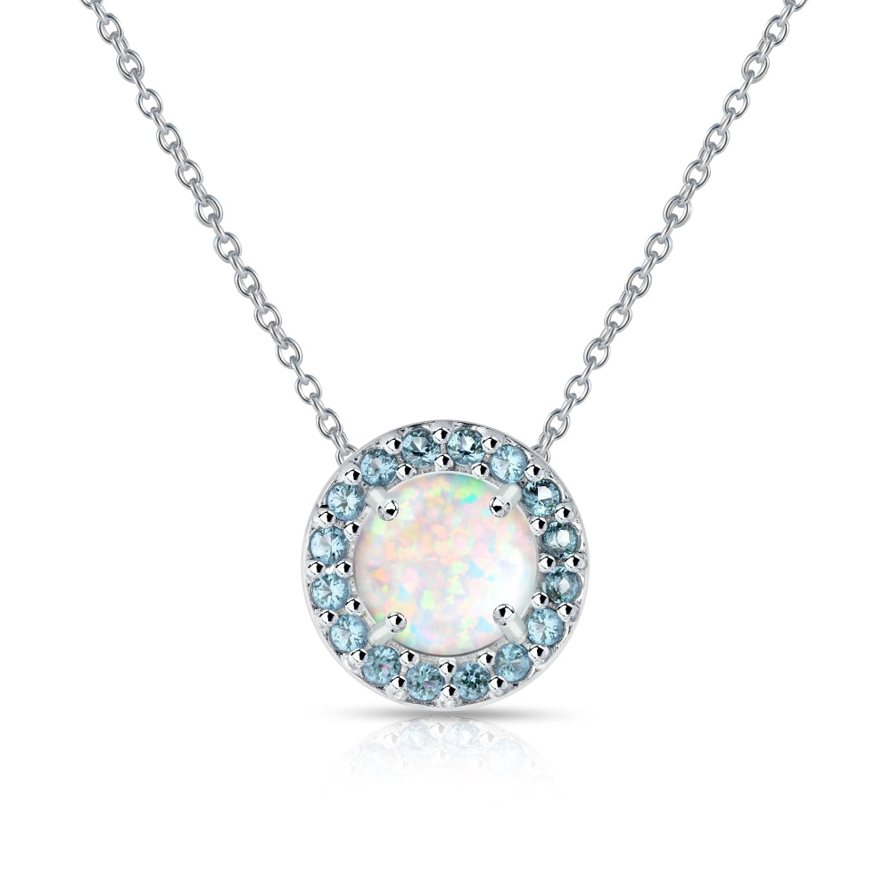 Sterling Silver Created White Opal and Blue Topaz Round Halo Necklace