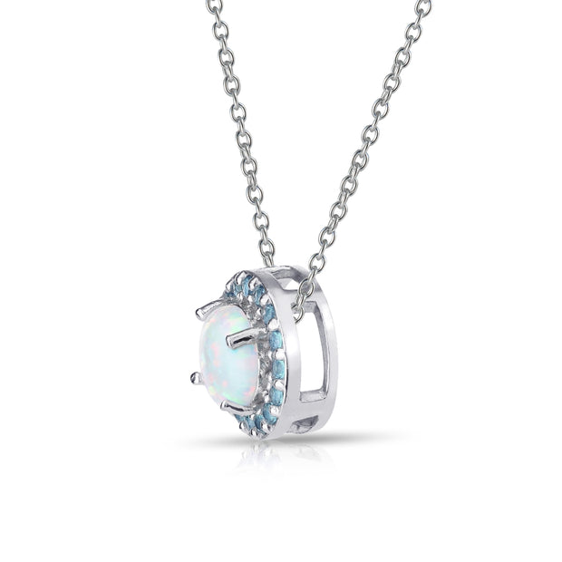 Sterling Silver Created White Opal and Blue Topaz Round Halo Necklace