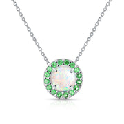 Sterling Silver Simulated White Opal and Emerald Round Halo Necklace