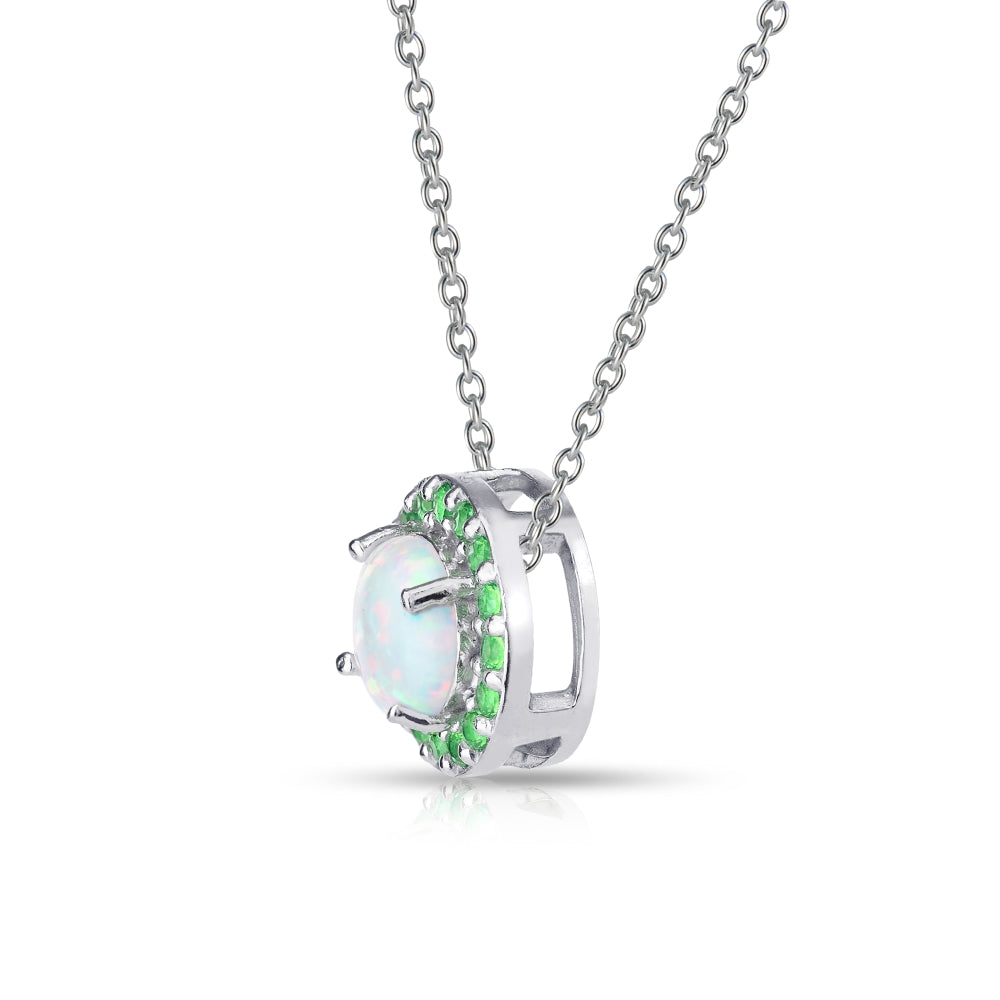 Sterling Silver Simulated White Opal and Emerald Round Halo Necklace-3
