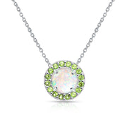 Sterling Silver Created White Opal and Peridot Round Halo Necklace