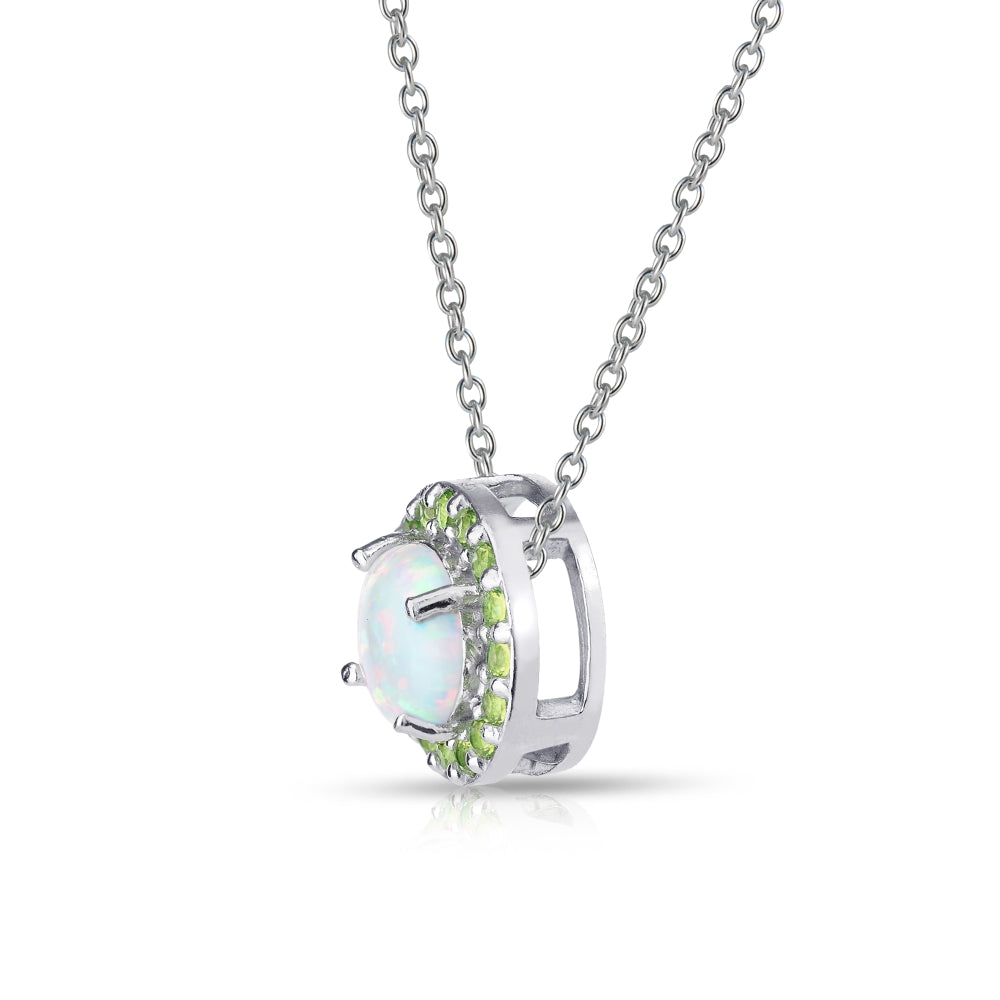 Sterling Silver Created White Opal and Peridot Round Halo Necklace-3