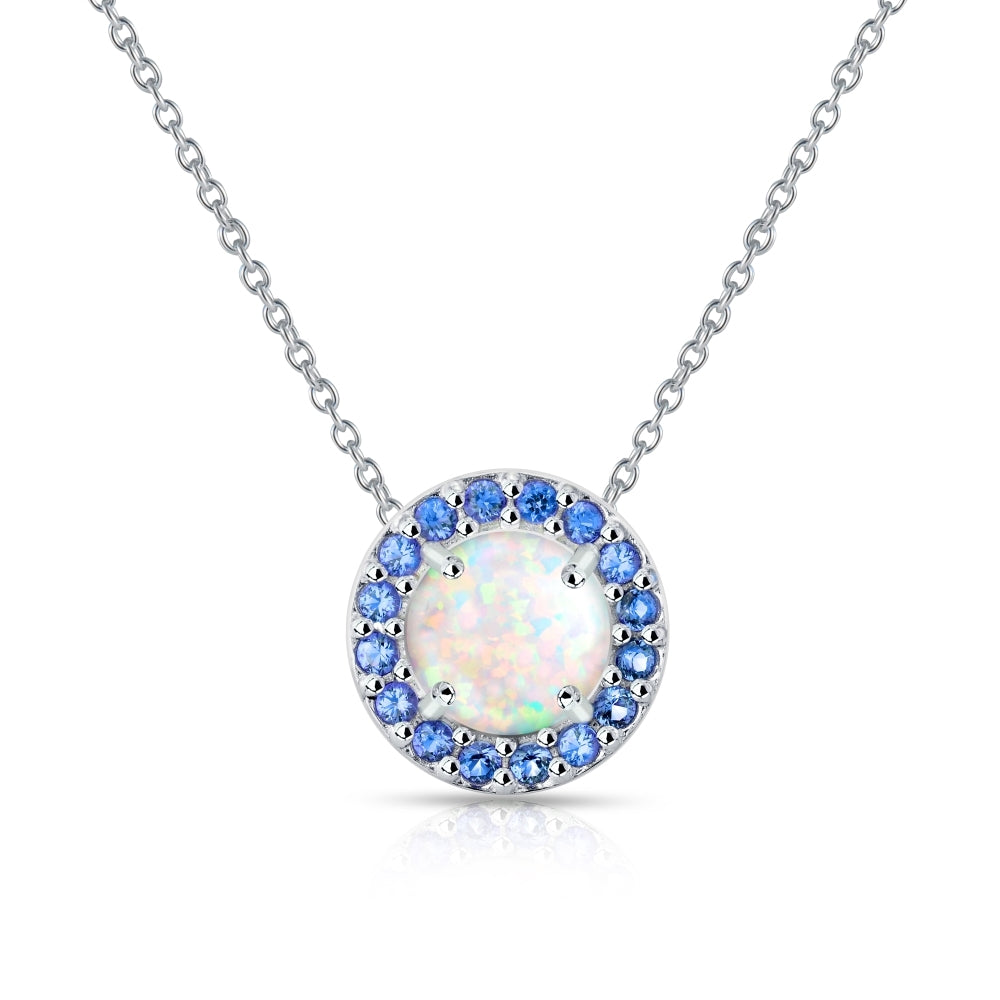 Sterling Silver Created White Opal and Blue Sapphire Round Halo Necklace