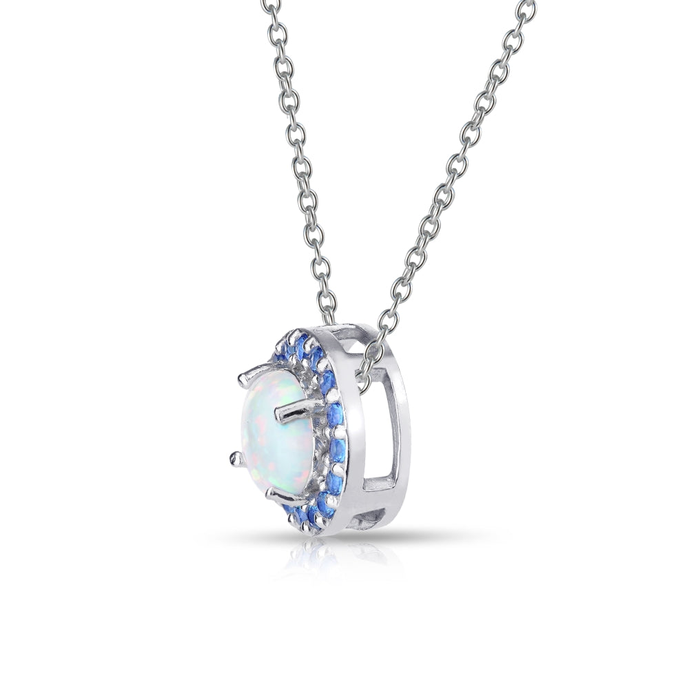 Sterling Silver Created White Opal and Blue Sapphire Round Halo Necklace-3