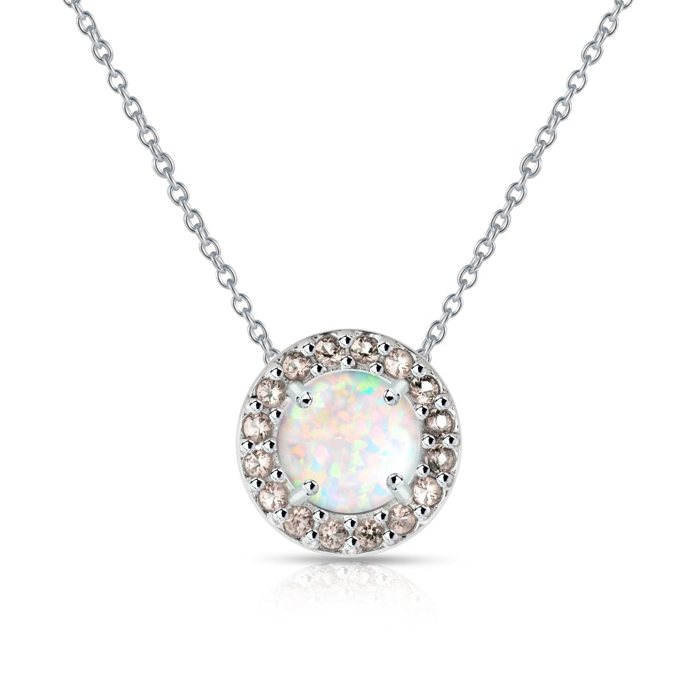 Sterling Silver Created White Opal and Morganite Round Halo Necklace