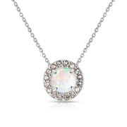 Sterling Silver Created White Opal and Morganite Round Halo Necklace