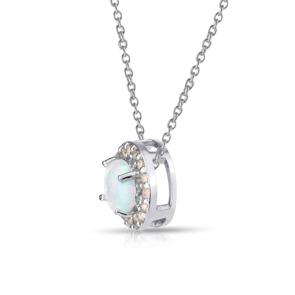 Sterling Silver Created White Opal and Morganite Round Halo Necklace-3