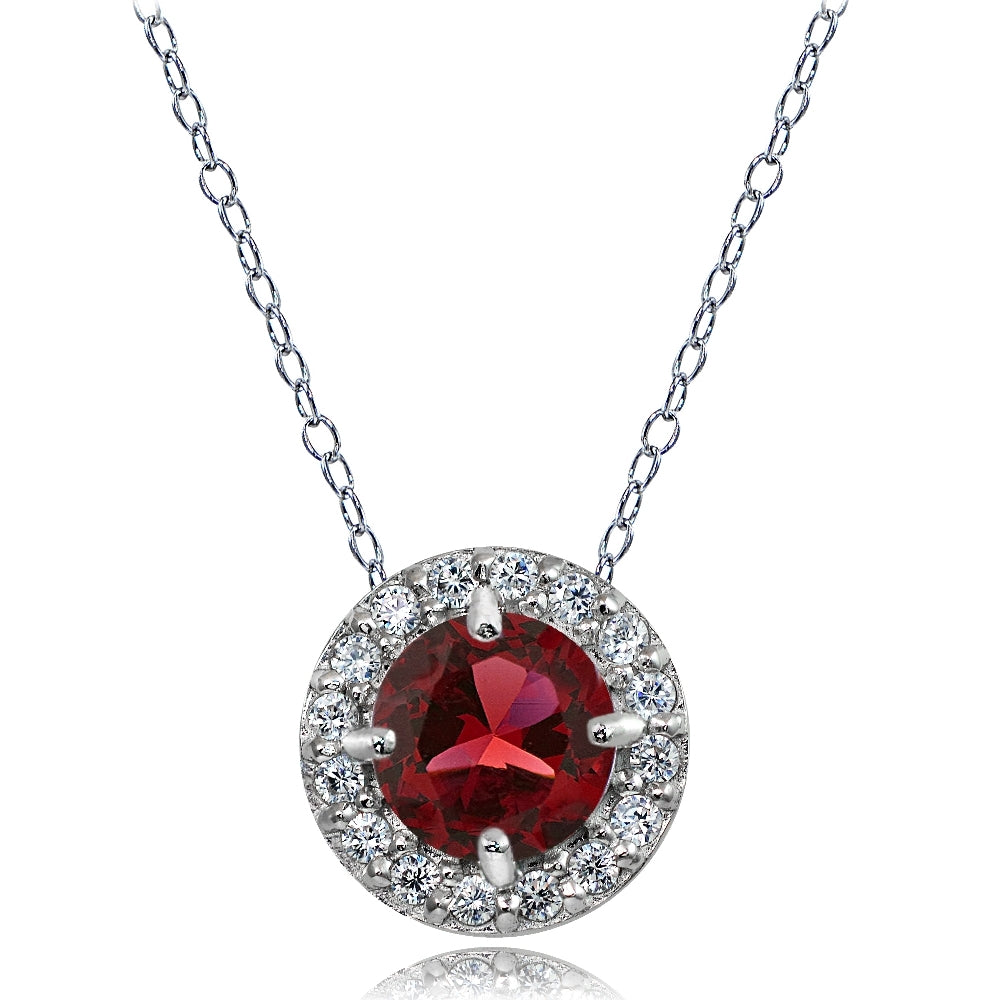Sterling Silver Created Ruby and White Topaz Round Halo Necklace
