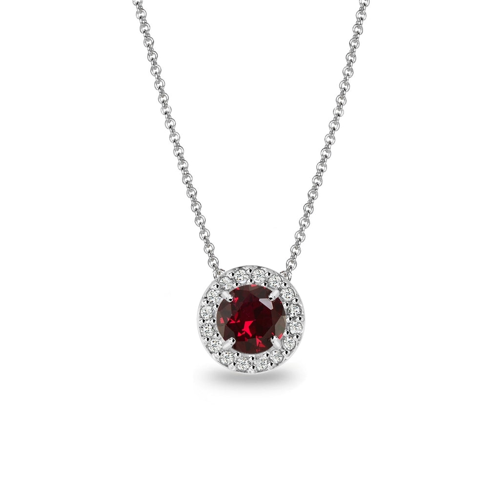 Sterling Silver Created Ruby and White Topaz Round Halo Necklace-2