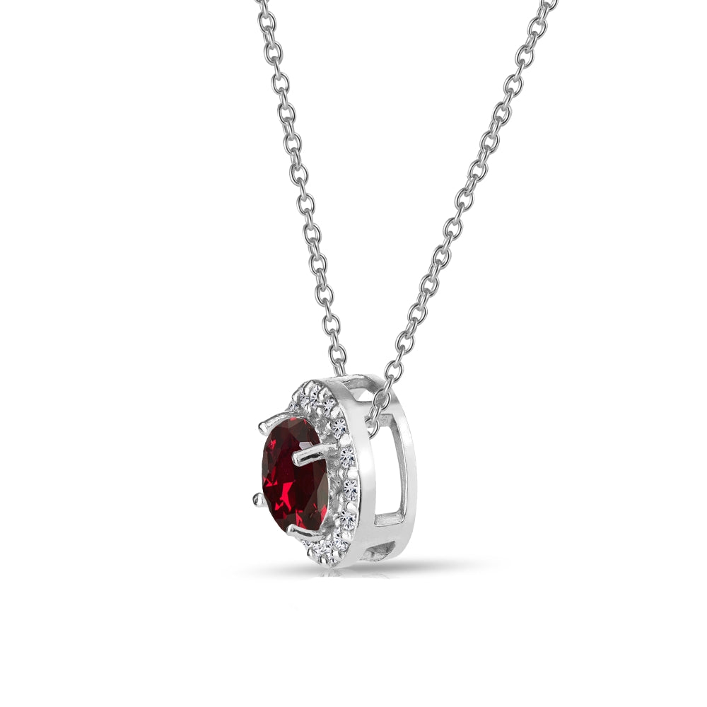 Sterling Silver Created Ruby and White Topaz Round Halo Necklace-3