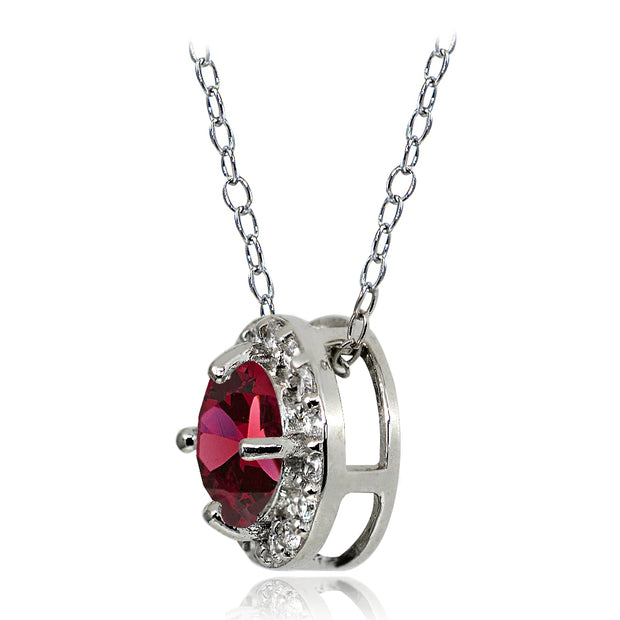 Sterling Silver Created Ruby and White Topaz Round Halo Necklace