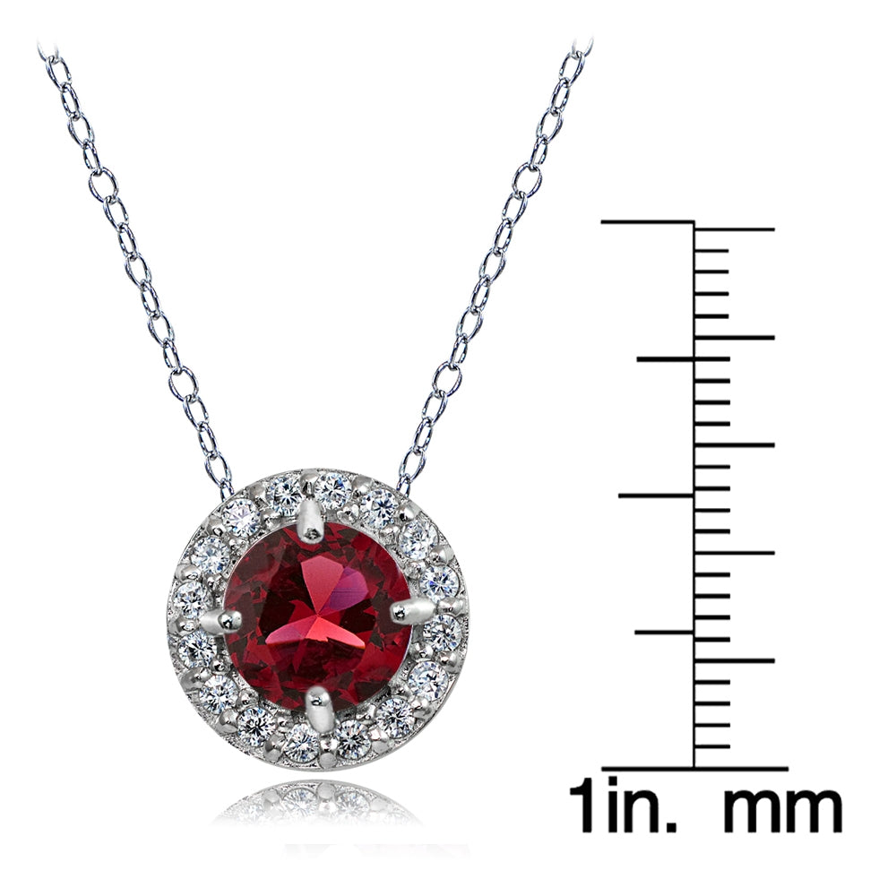 Sterling Silver Created Ruby and White Topaz Round Halo Necklace-5