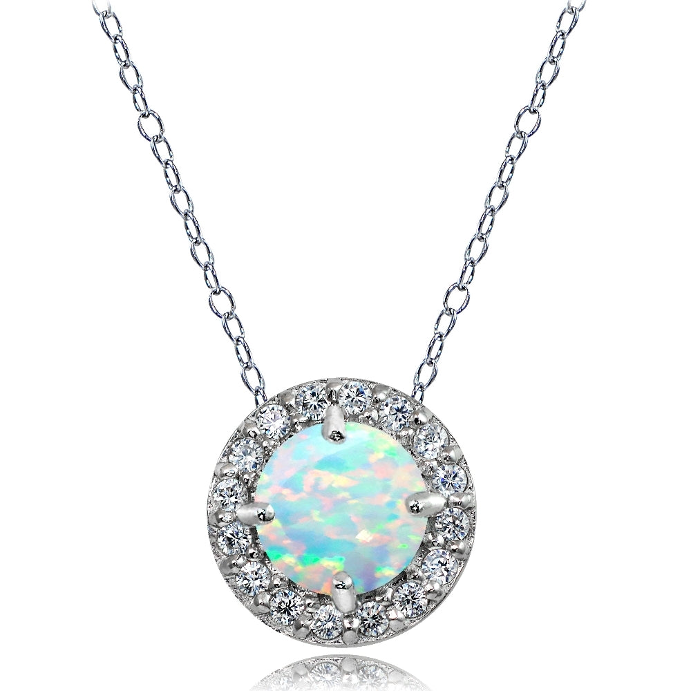 Sterling Silver Created White Opal and White Topaz Round Halo Necklace