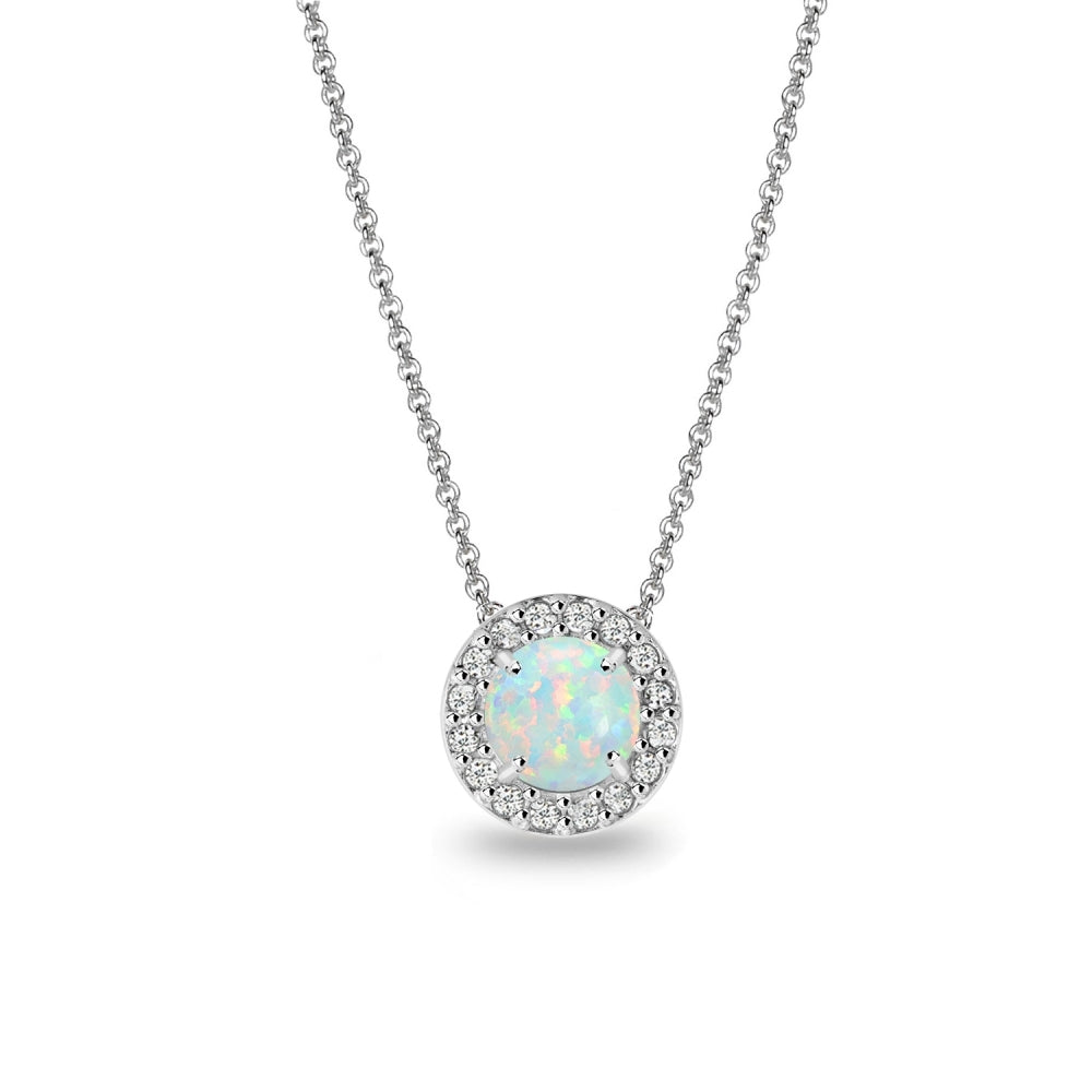 Sterling Silver Created White Opal and White Topaz Round Halo Necklace-2