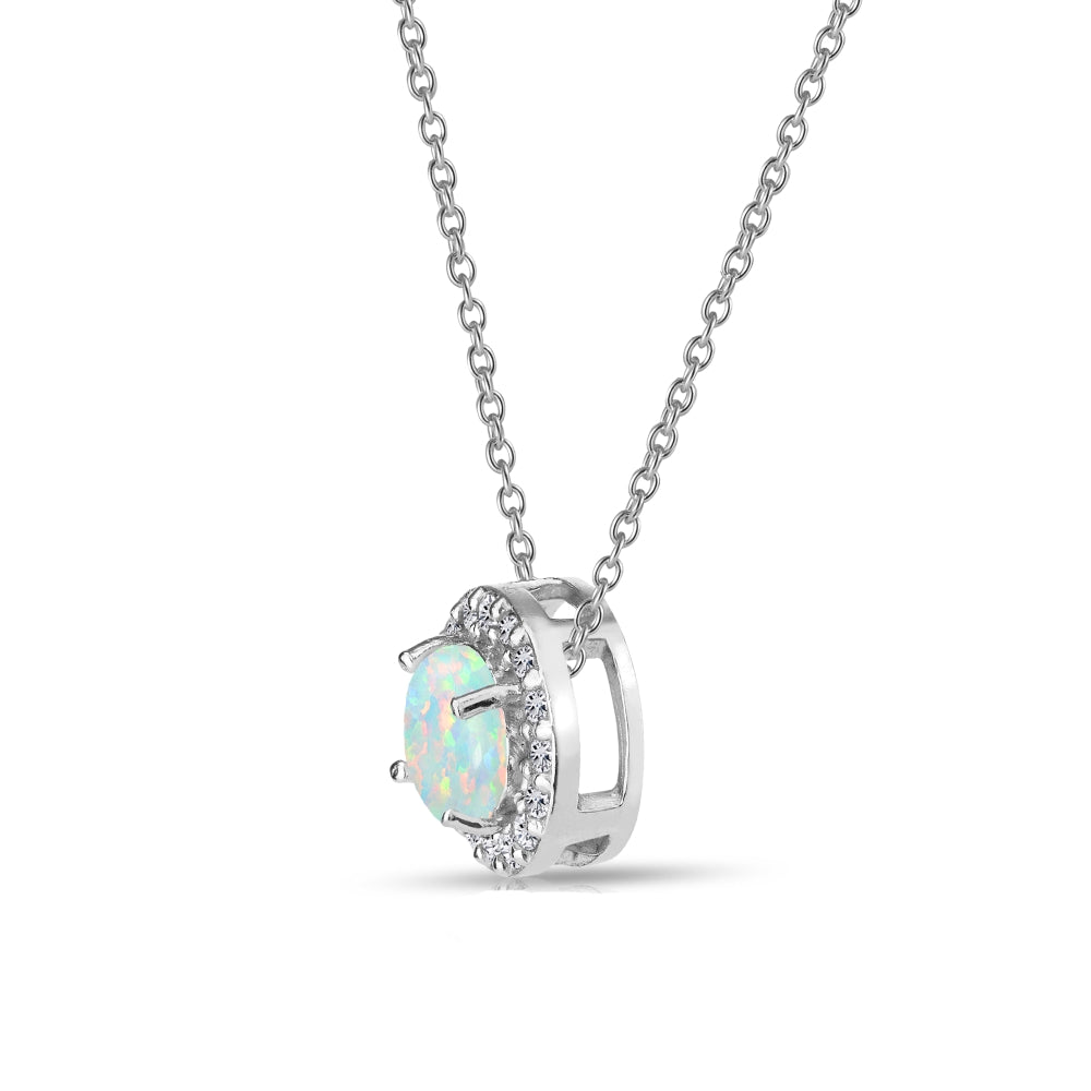 Sterling Silver Created White Opal and White Topaz Round Halo Necklace-3