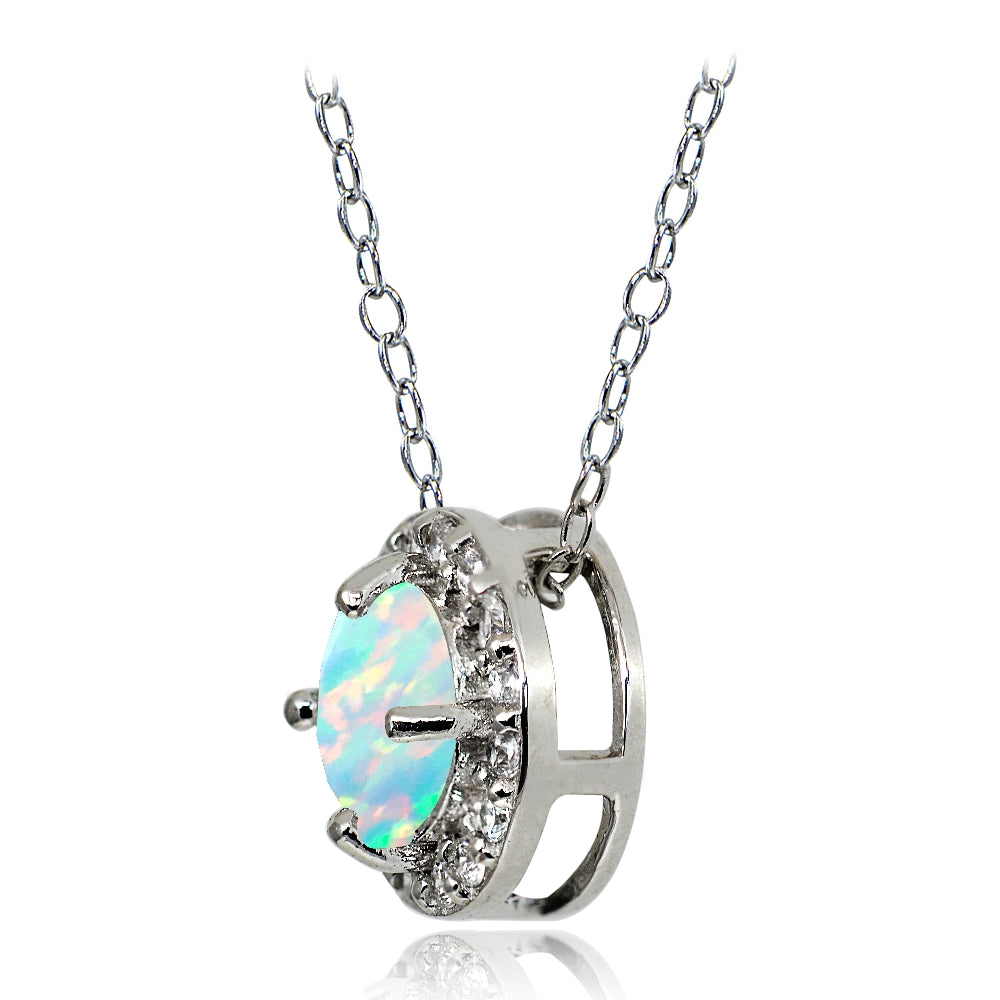 Sterling Silver Created White Opal and White Topaz Round Halo Necklace-4