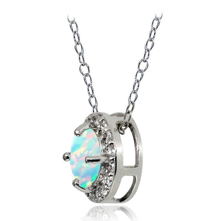 Sterling Silver Created White Opal and White Topaz Round Halo Necklace