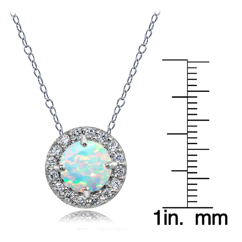 Sterling Silver Created White Opal and White Topaz Round Halo Necklace-5