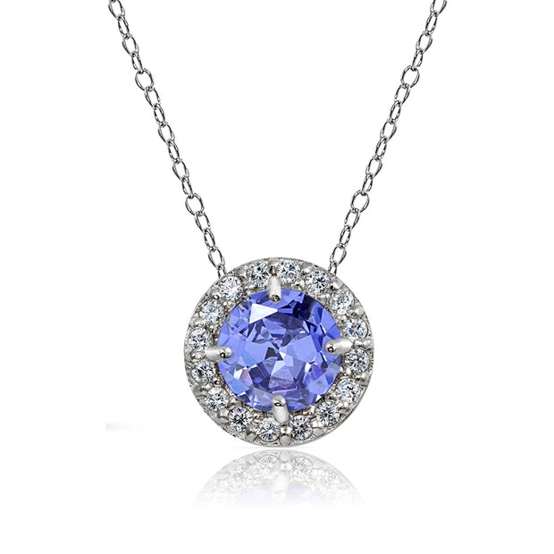 Sterling Silver Tanzanite and White Topaz Round Halo Necklace