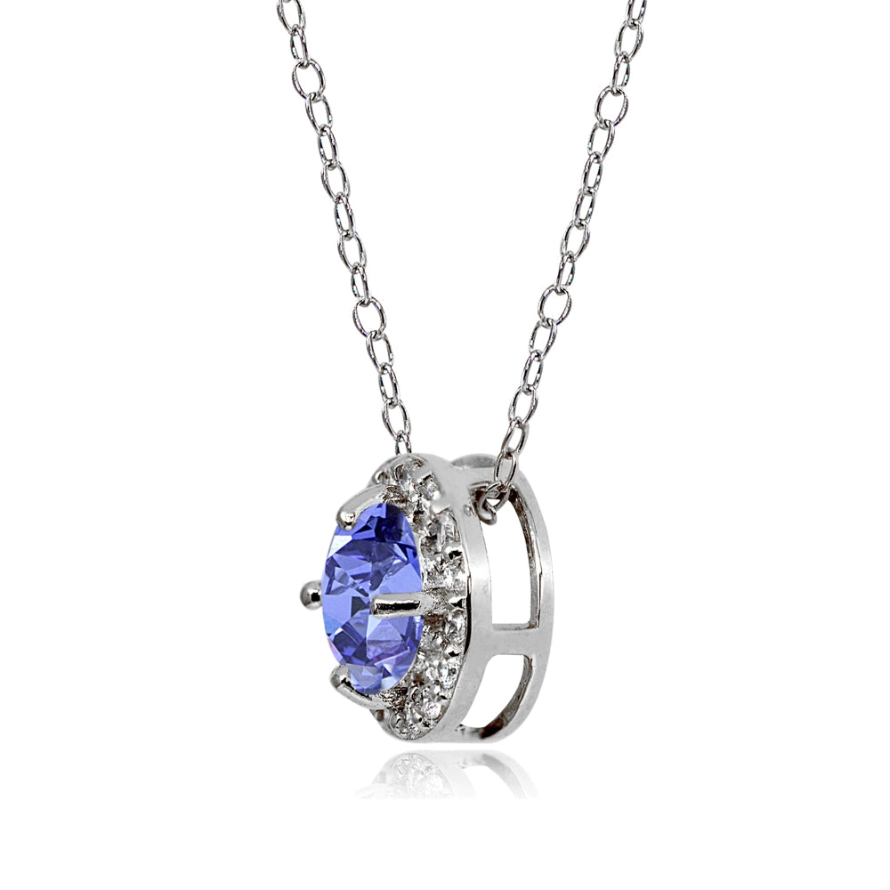 Sterling Silver Tanzanite and White Topaz Round Halo Necklace-2