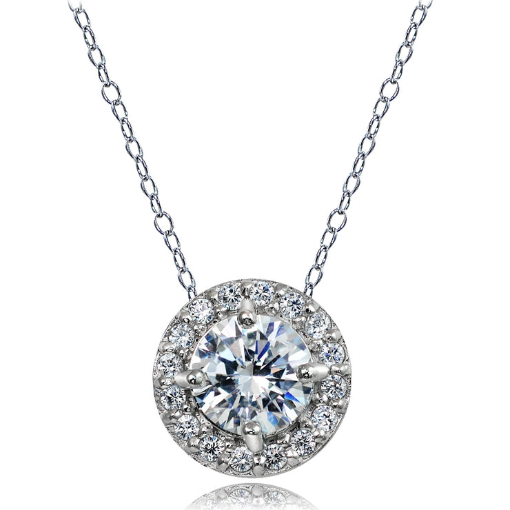 Sterling Silver Cubic Zirconia Round Halo Necklace