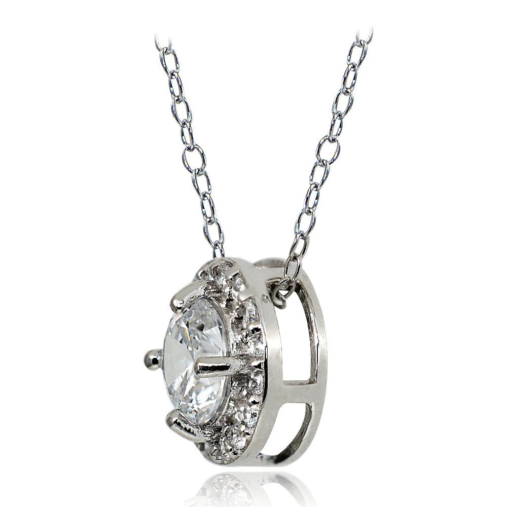 Sterling Silver Cubic Zirconia Round Halo Necklace-2