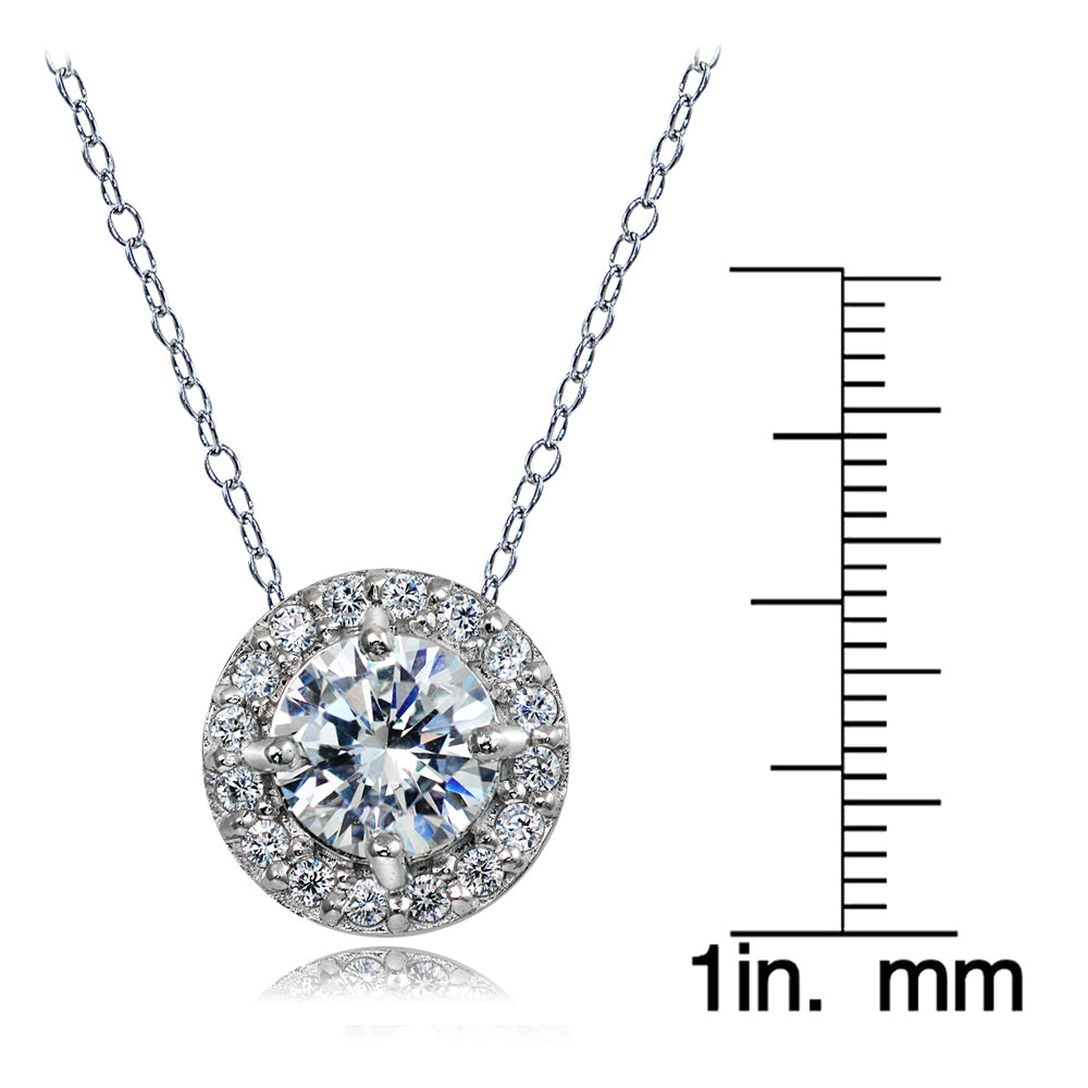 Sterling Silver Cubic Zirconia Round Halo Necklace-3