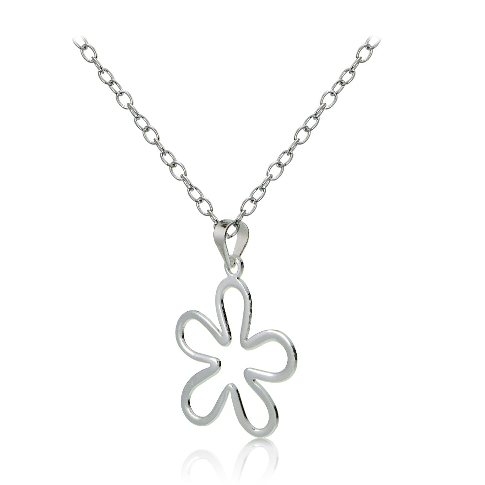 Sterling Silver Flower Polished Necklace-2
