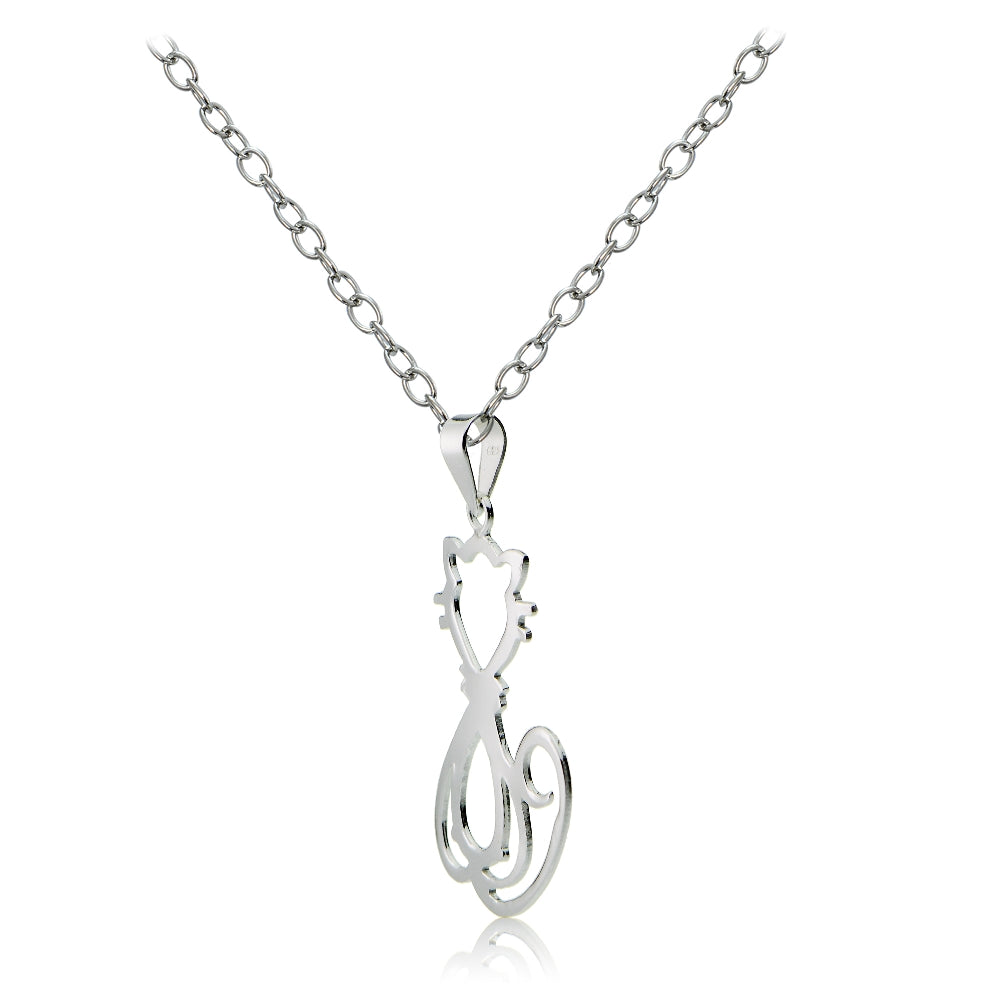 Sterling Silver Cat Polished Necklace-2