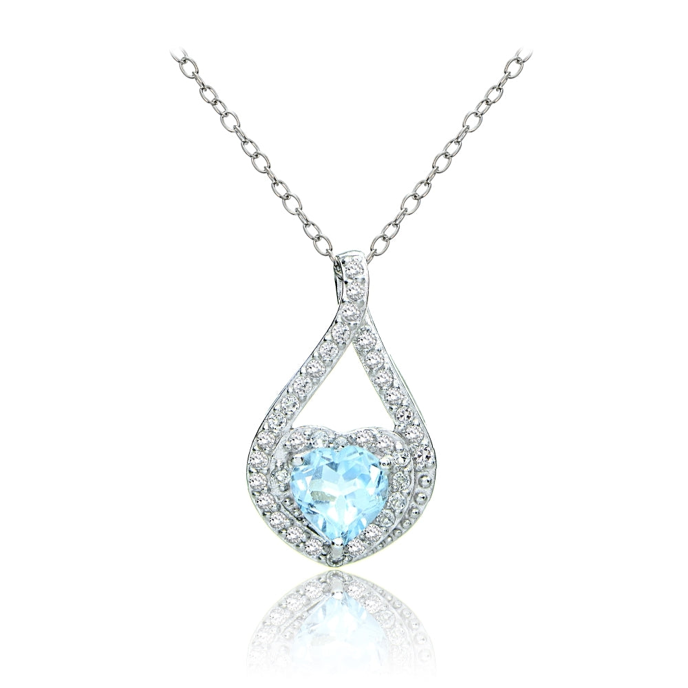 Sterling Silver Blue Topaz and White Topaz Heart Twist Necklace