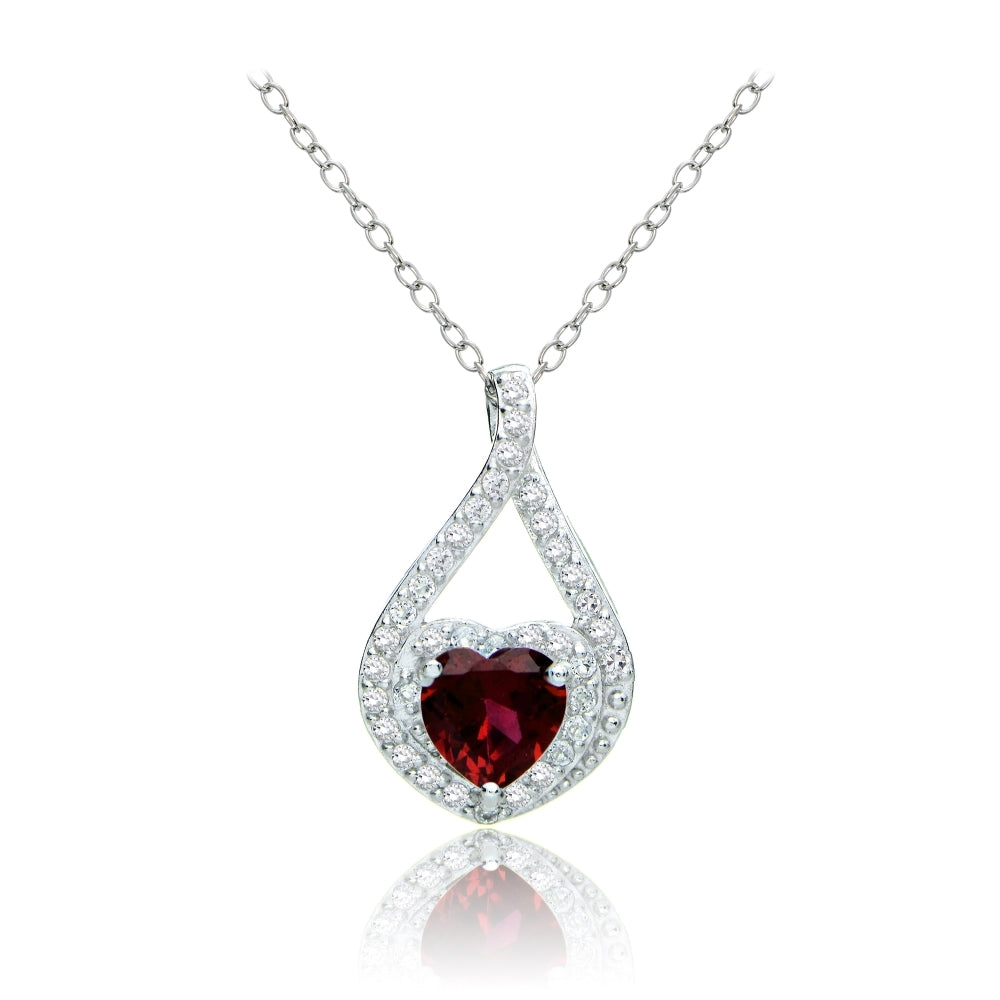 Sterling Silver Created Ruby and White Topaz Heart Twist Necklace