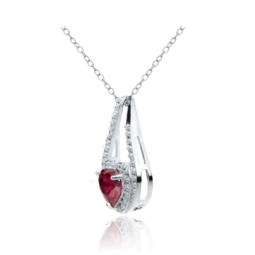 Sterling Silver Created Ruby and White Topaz Heart Twist Necklace-2