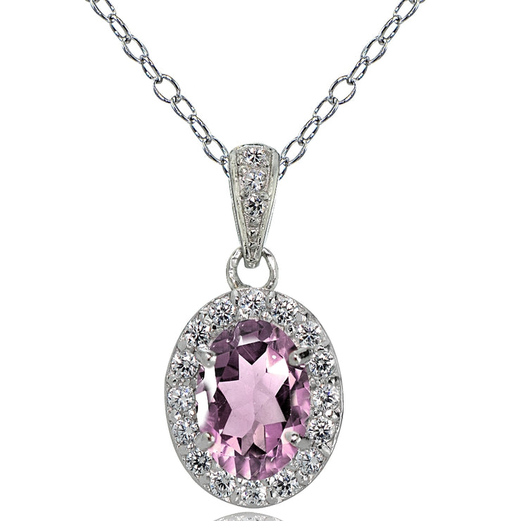 Sterling Silver Purple CZ and White Topaz Oval Halo Necklace