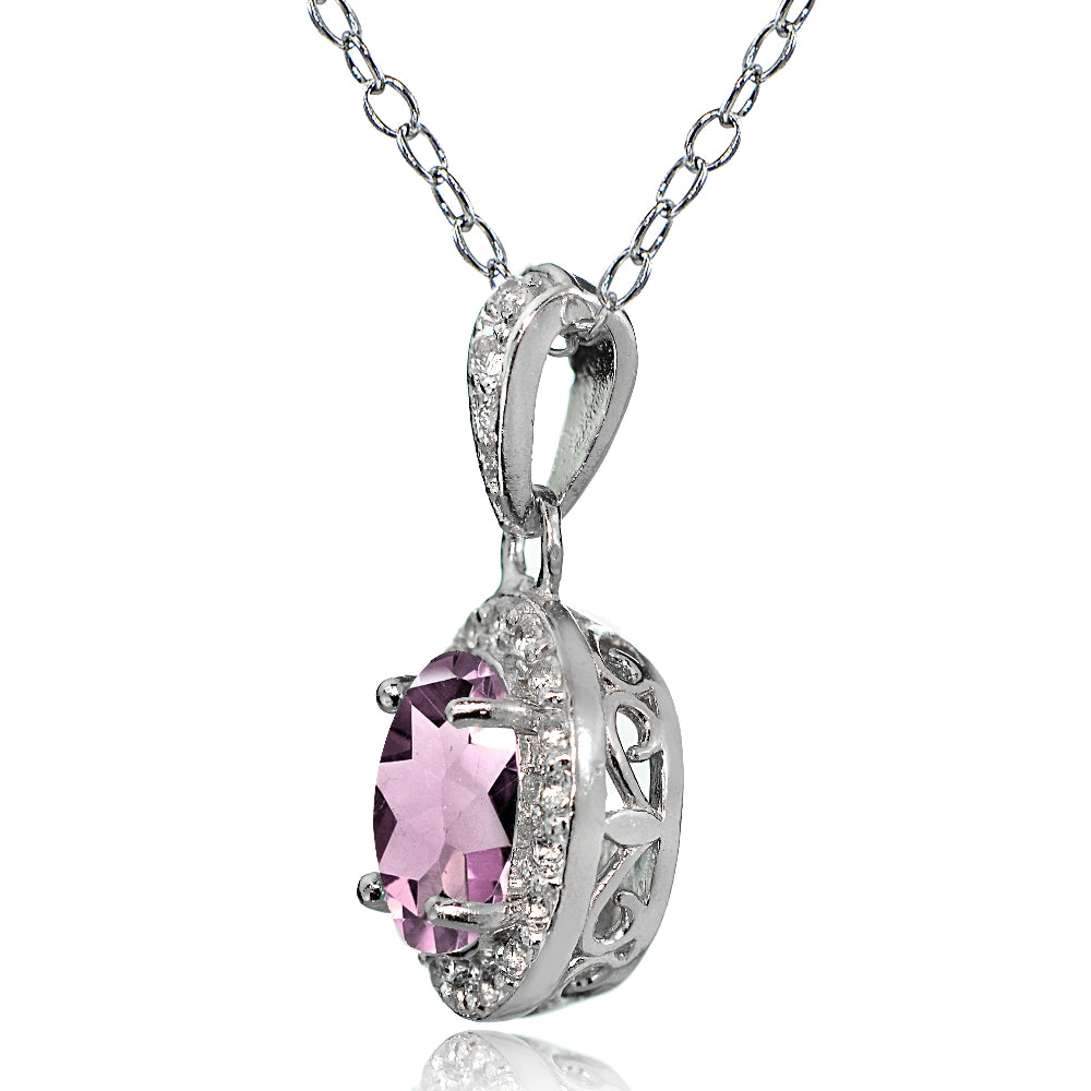 Sterling Silver Purple CZ and White Topaz Oval Halo Necklace-2