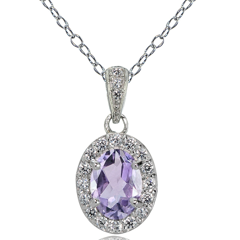 Sterling Silver Amethyst and White Topaz Oval Halo Necklace