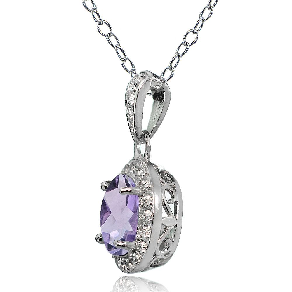 Sterling Silver Amethyst and White Topaz Oval Halo Necklace-2