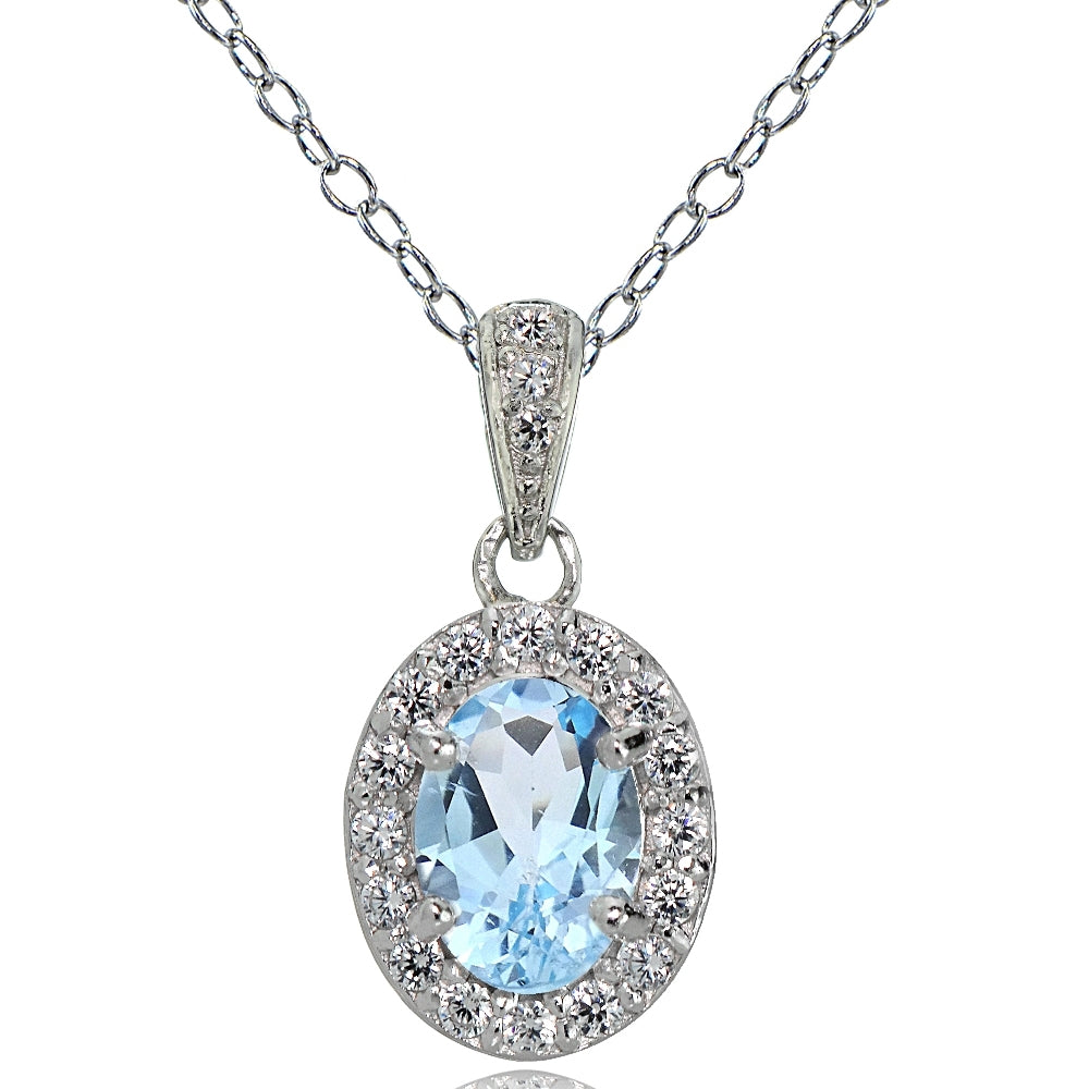 Sterling Silver Blue and White Topaz Oval Halo Necklace