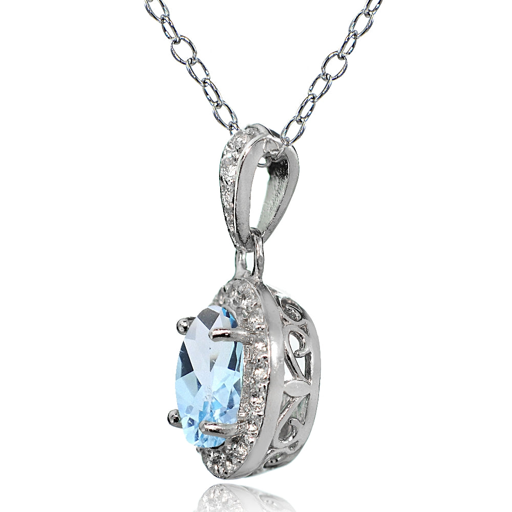 Sterling Silver Blue and White Topaz Oval Halo Necklace-2