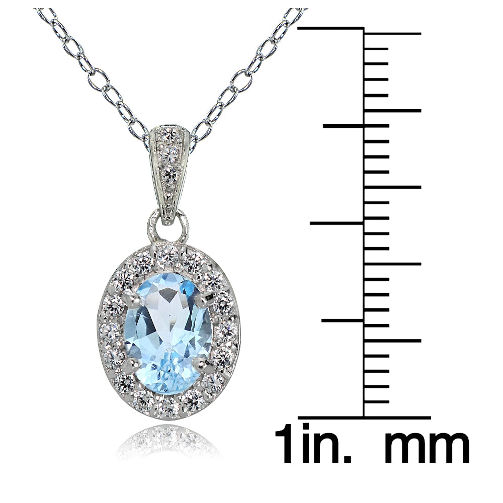 Sterling Silver Blue and White Topaz Oval Halo Necklace-3