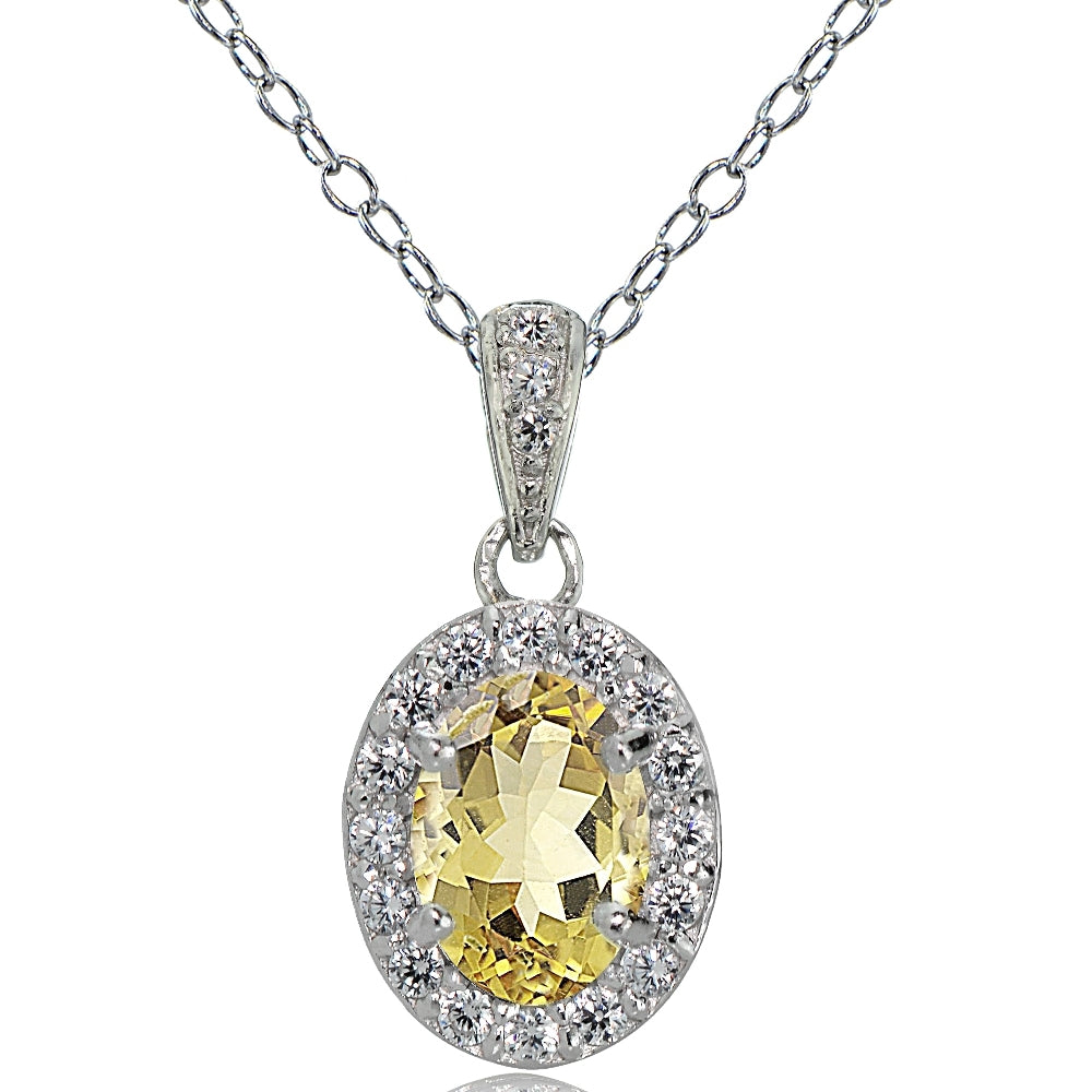 Sterling Silver Citrine and White Topaz Oval Halo Necklace