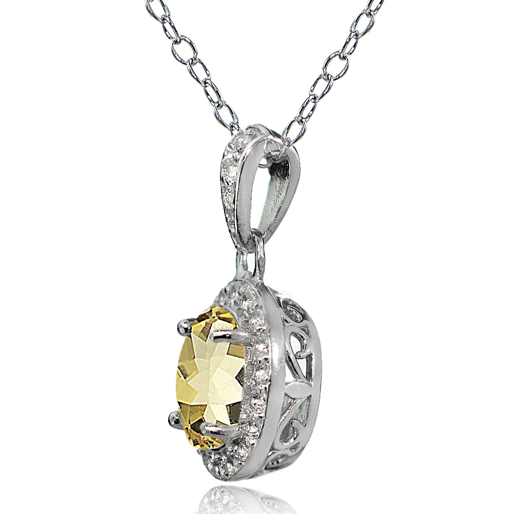 Sterling Silver Citrine and White Topaz Oval Halo Necklace-2