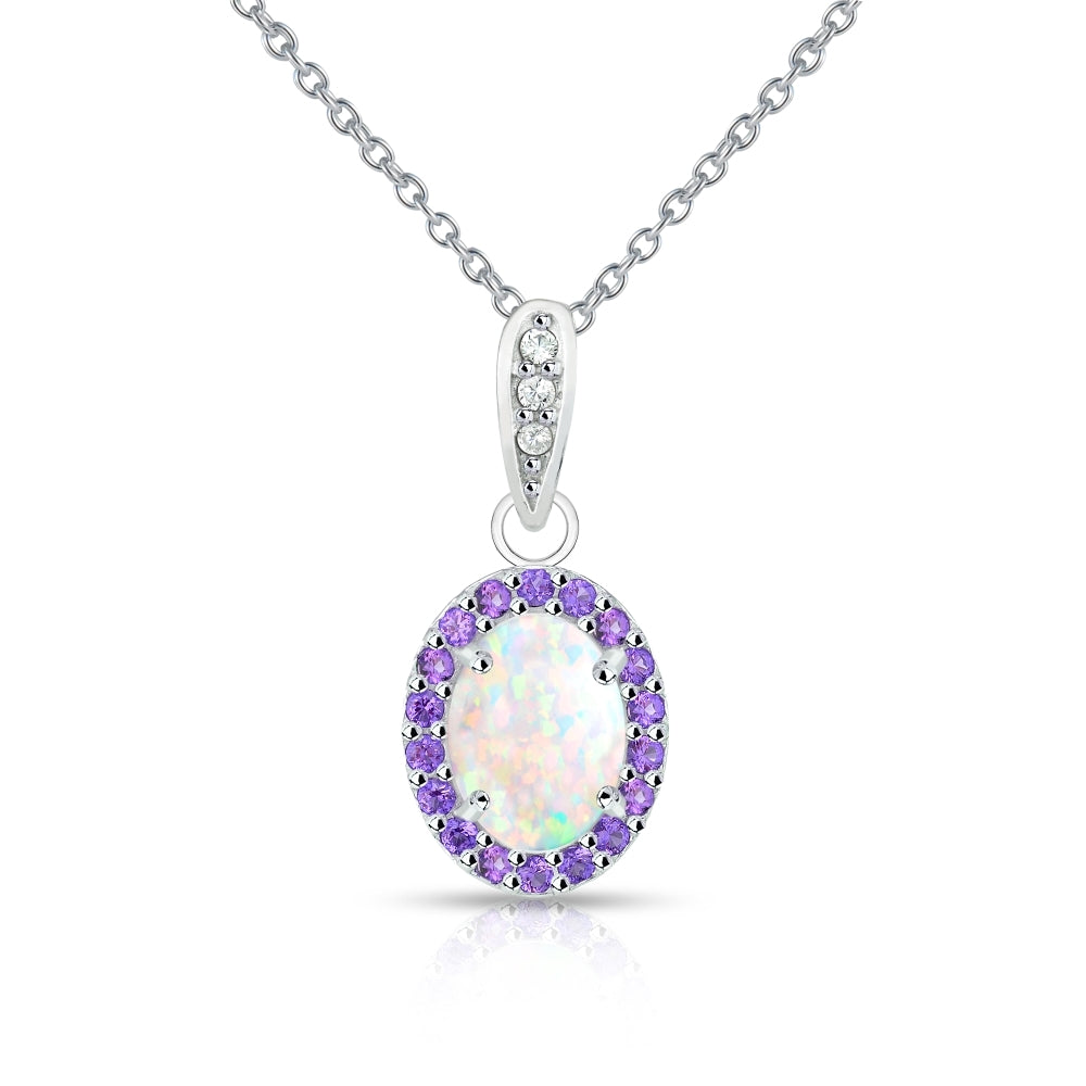 Sterling Silver Created White Opal and Amethyst Oval Halo Necklace