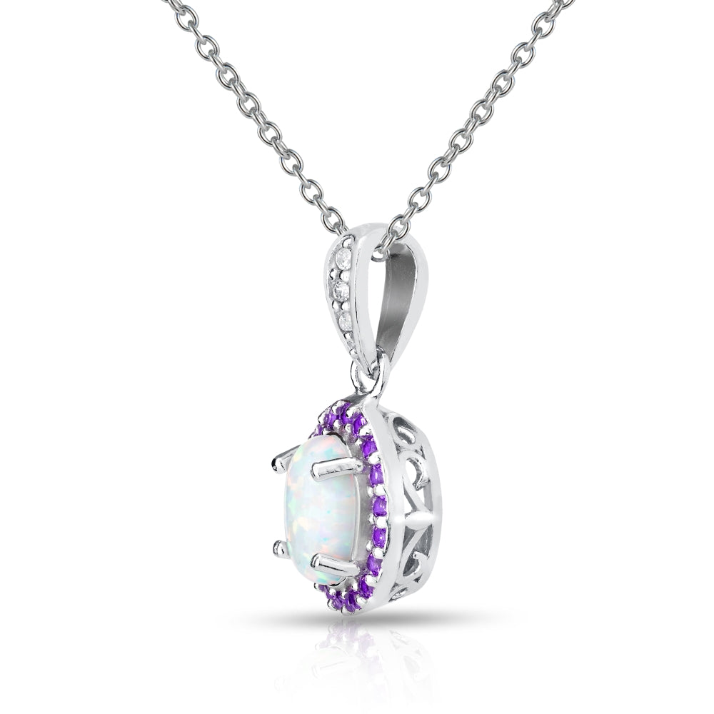 Sterling Silver Created White Opal and Amethyst Oval Halo Necklace-3