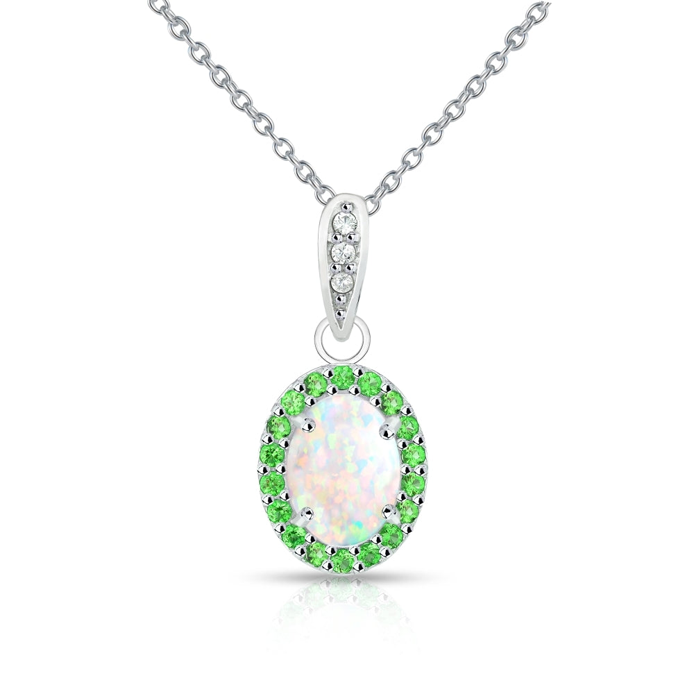 Sterling Silver Created White Opal and Emerald Oval Halo Necklace