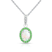 Sterling Silver Created White Opal and Emerald Oval Halo Necklace