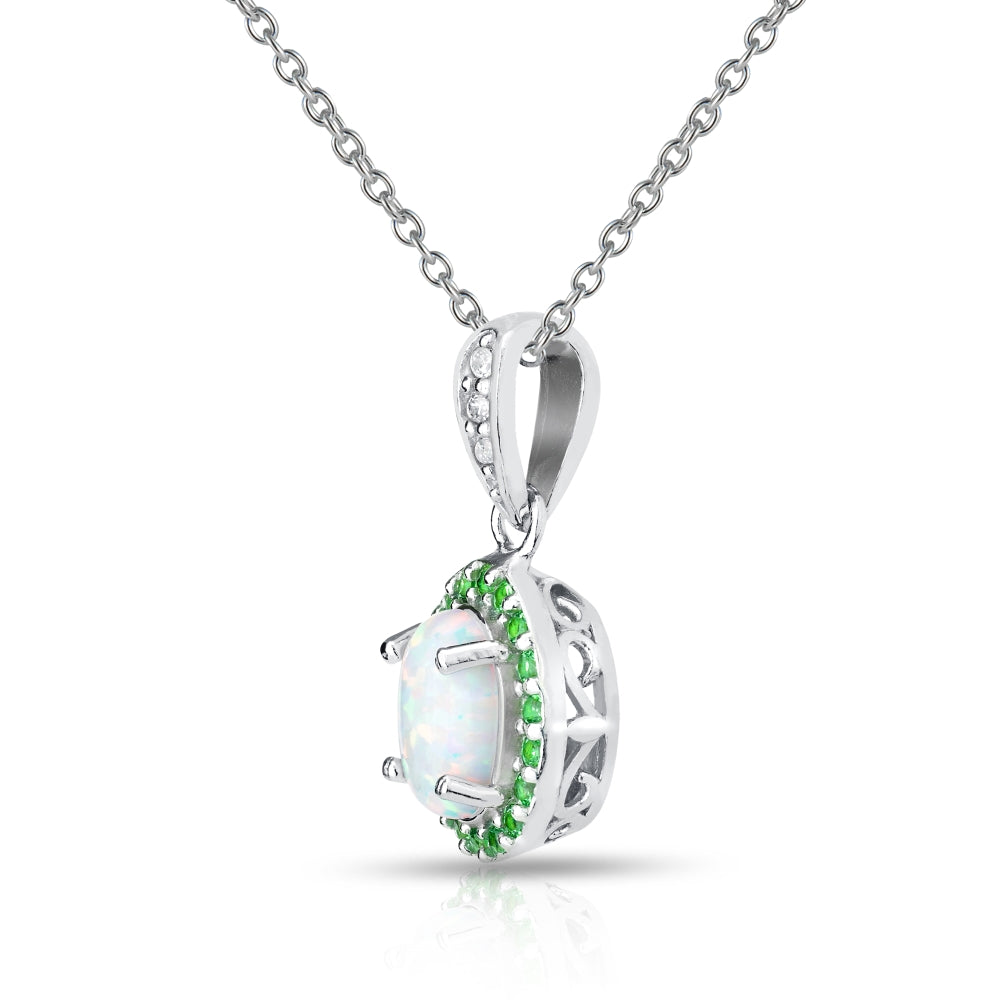 Sterling Silver Created White Opal and Emerald Oval Halo Necklace-3