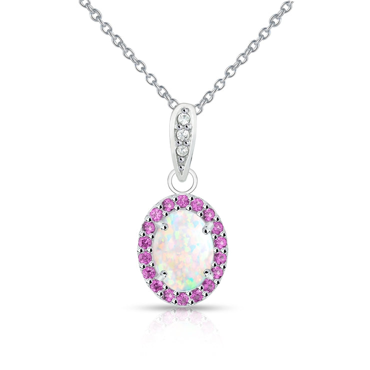 Sterling Silver Created White Opal and Ruby Oval Halo Necklace